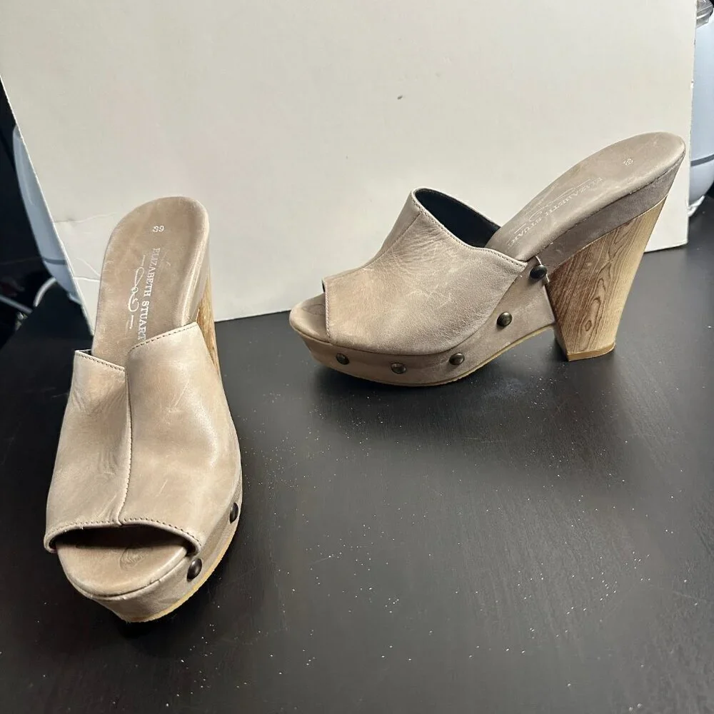ELIZABETH STUART Studded Neutral Leather Platform Heels Sandals Wood Size 39